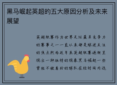 黑马崛起英超的五大原因分析及未来展望