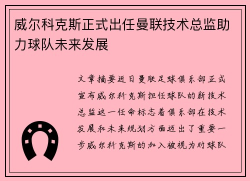 威尔科克斯正式出任曼联技术总监助力球队未来发展 威尔科克斯正式出任曼联技术总监助力球队未来发展