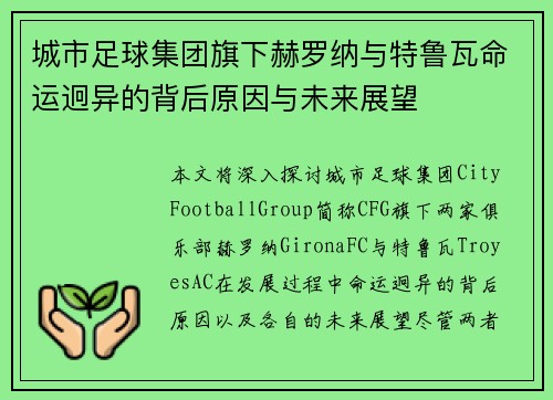 城市足球集团旗下赫罗纳与特鲁瓦命运迥异的背后原因与未来展望 城市足球集团旗下赫罗纳与特鲁瓦命运迥异的背后原因与未来展望